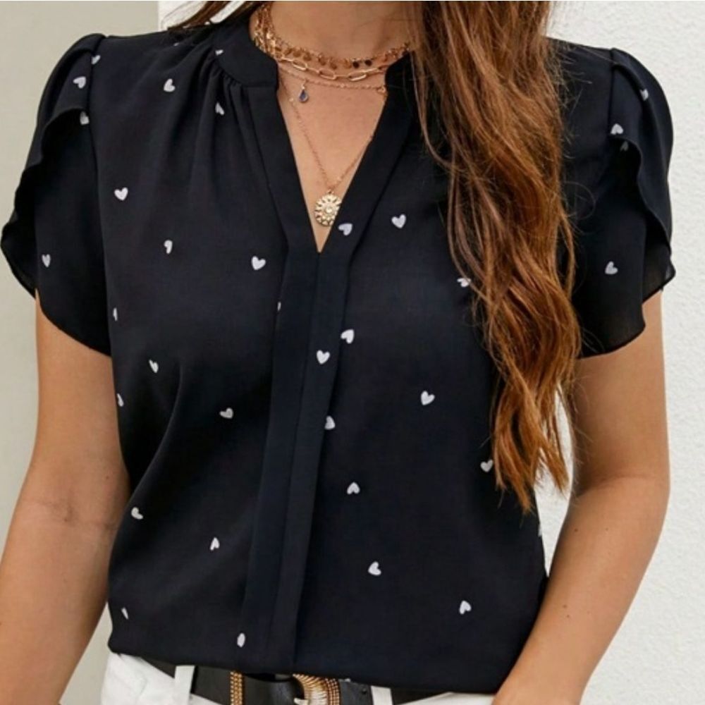 ♡ Valentines Tops ♡ Cute Black Heart Print Business Casual Office Top Sz Lg